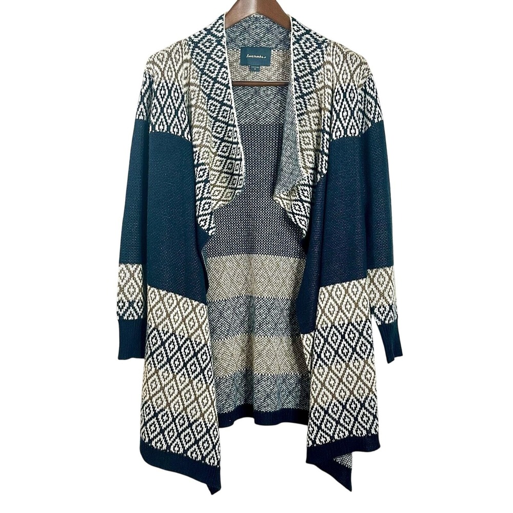 Lovemarks Womens Navy Blue Tan Geometric Diamond Open Front Cardigan Sweater M‎